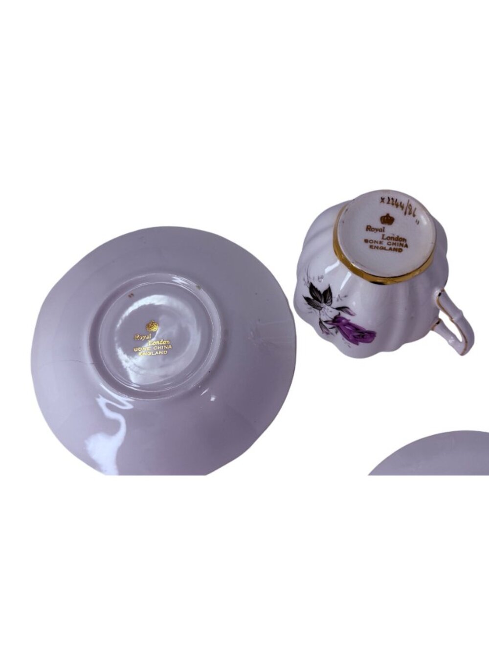 Vintage Royal London Bone China Purple Gold Rose Teacup Saucer England Imperfect - Picture 4 of 6